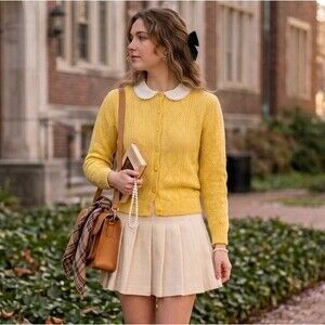 VTG Glen Lea Wintuk Orlon Womens S Knit Cardigan Yellow Pointelle Cable Sweater